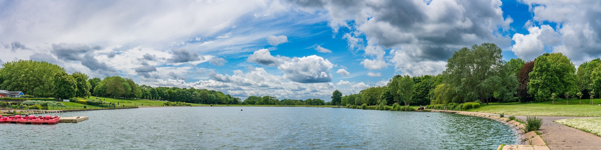 Sailing lake panorama in Fairlands Valley Park. Stevenage, UK