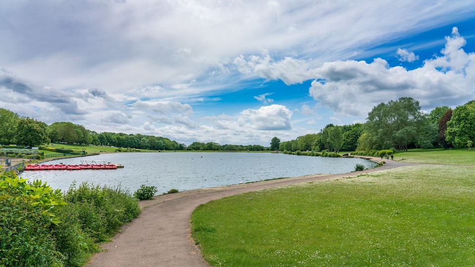 A lake with a path, surrounded by green grass and trees.