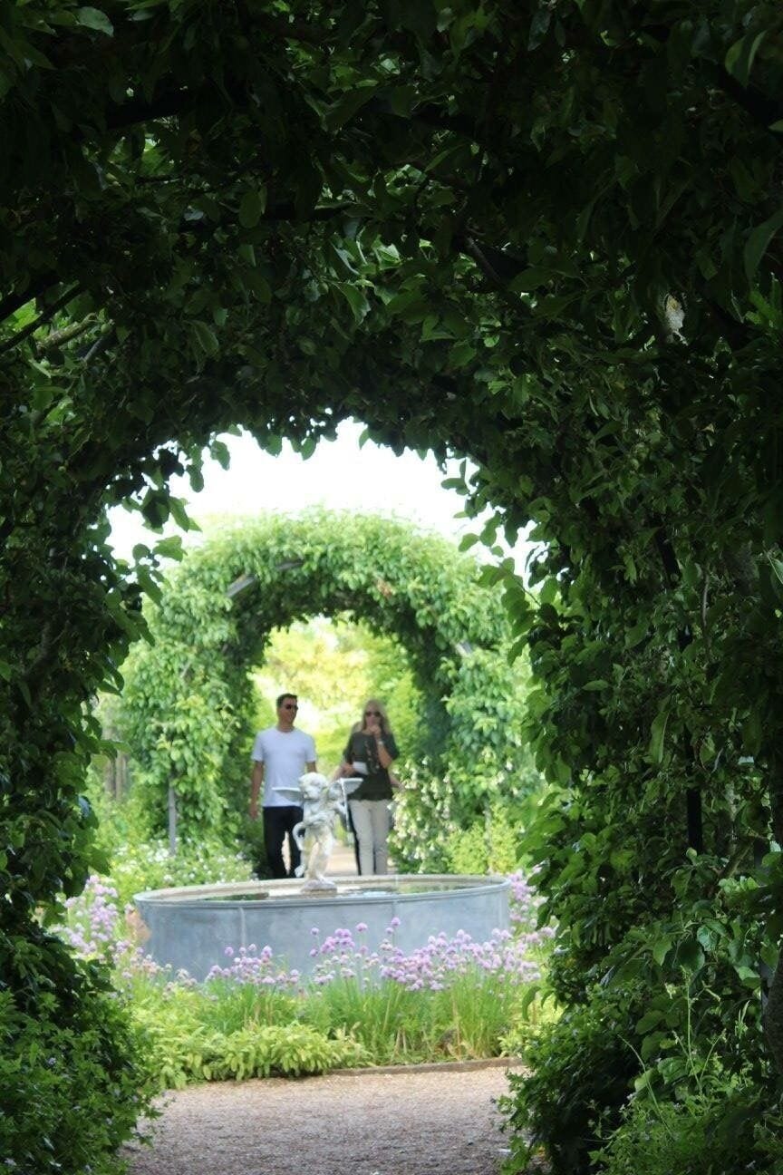Un sendero en un jardín enmarcado por un arco verde y exuberante.