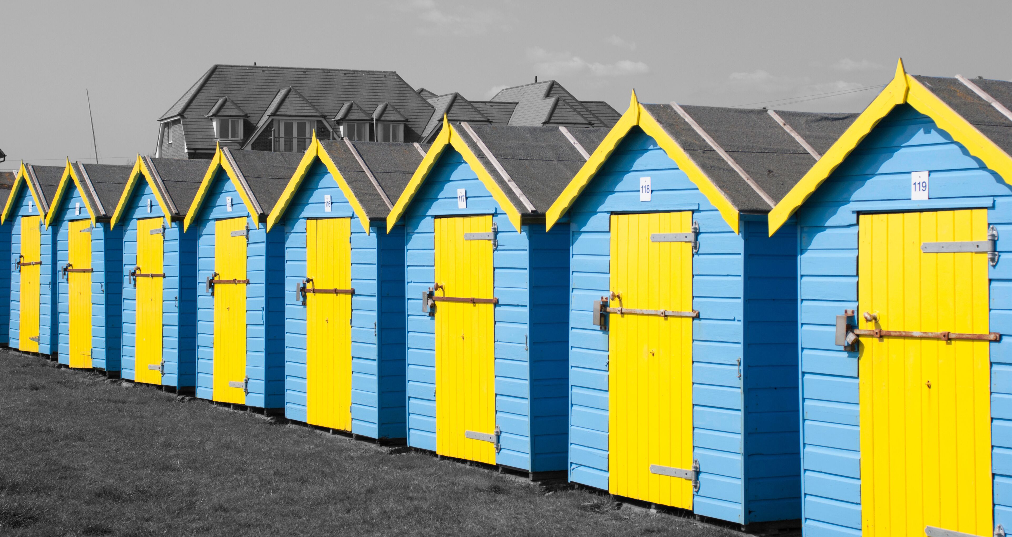 Beach Huts at Felpham Beach, West Sussex, UK.