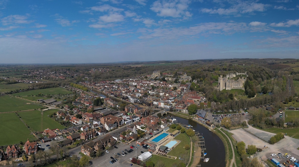 Arundel West Sussex aerial panoramic view of the River Arun running past Arundel Castle and the Cathedral of this popular tourist destination in West Sussex.
