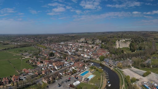 Arundel West Sussex aerial panoramic view of the River Arun running past Arundel Castle and the Cathedral of this popular tourist destination in West Sussex.