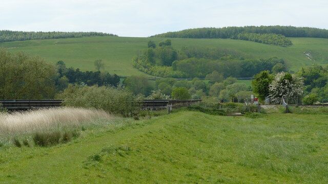 Footpath Beside the River Arun The River Arun flows behind the rushes to the left of picture. The footpath passes through the foot and farm track crossing point, over the railway line. In the distance is the South Downs.