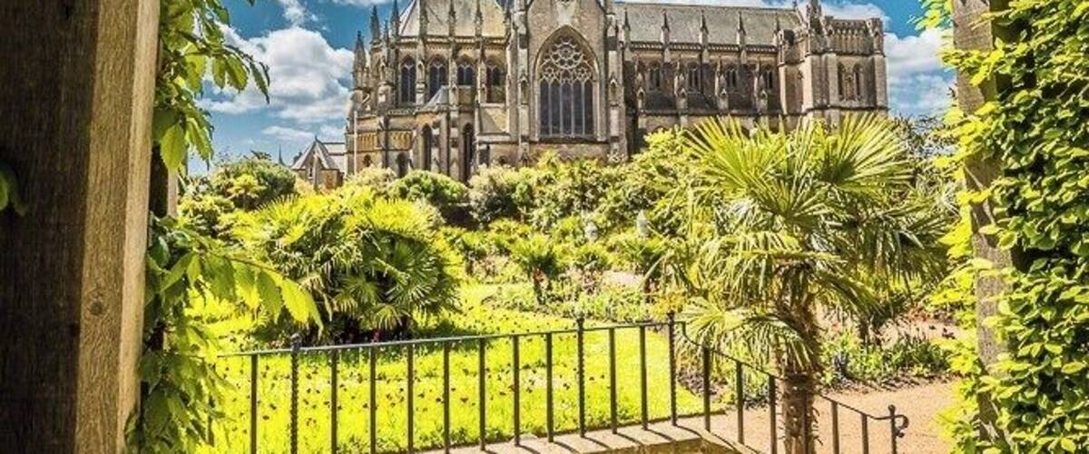 Arundel Cathedral isn't as old as you might think. Even the the castle in Arundel is from 1068, the cathedral was first dedicated in 1873.
This picture was taken from Arundel castle grounds, the Collector Earl's garden.