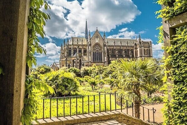 Arundel Cathedral isn't as old as you might think. Even the the castle in Arundel is from 1068, the cathedral was first dedicated in 1873.
This picture was taken from Arundel castle grounds, the Collector Earl's garden.