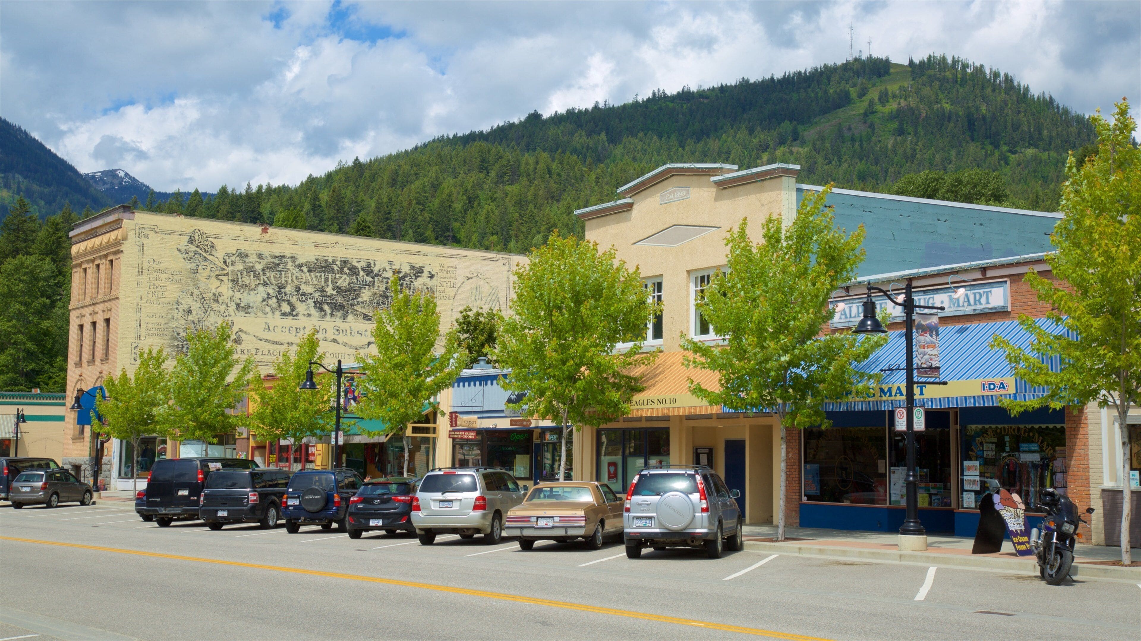 A street lined with parked cars, a building with a mural, and a mountain in the background.