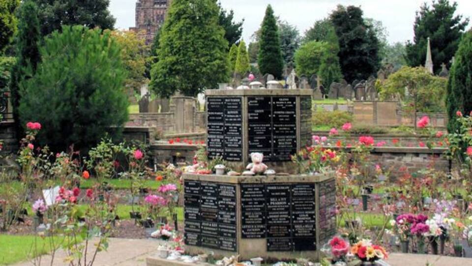 A memorial with engraved names, surrounded by flowers and trees in a garden.