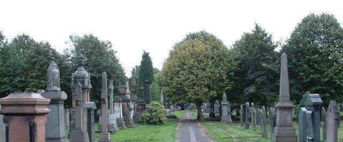 A cemetery with rows of headstones and a central path.