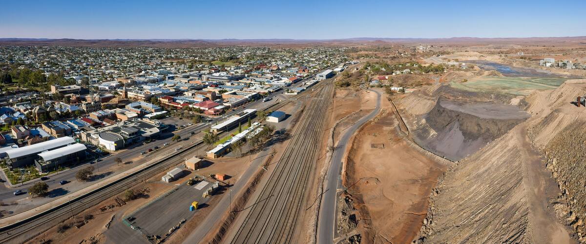Broken Hill Australia December 2nd 2019 : Aerial panoramic view of the miners memorial and town of Broken Hill in New South Wales, Australia