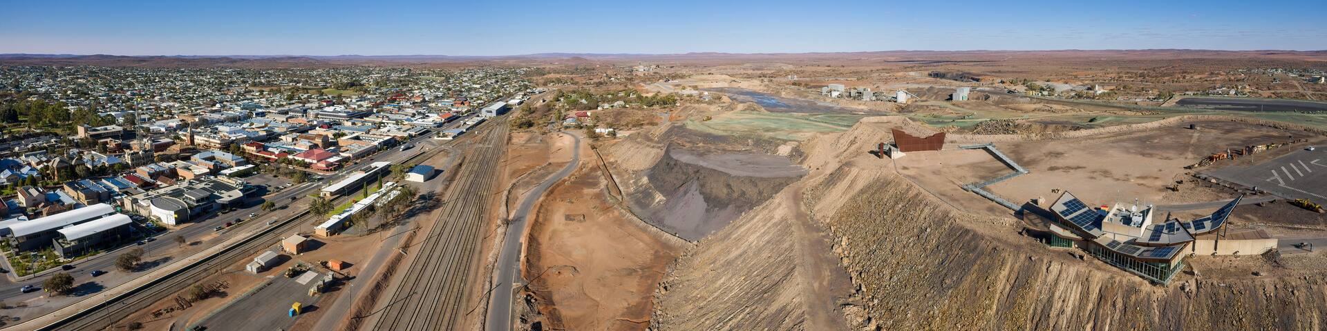 Broken Hill Australia December 2nd 2019 : Aerial panoramic view of the miners memorial and town of Broken Hill in New South Wales, Australia