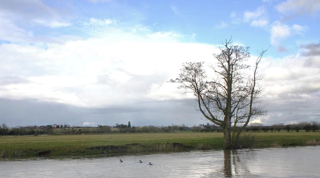 View across the Avon from School Lane Looking NNE across the River Avon from next to the slipway at the end of School Lane.