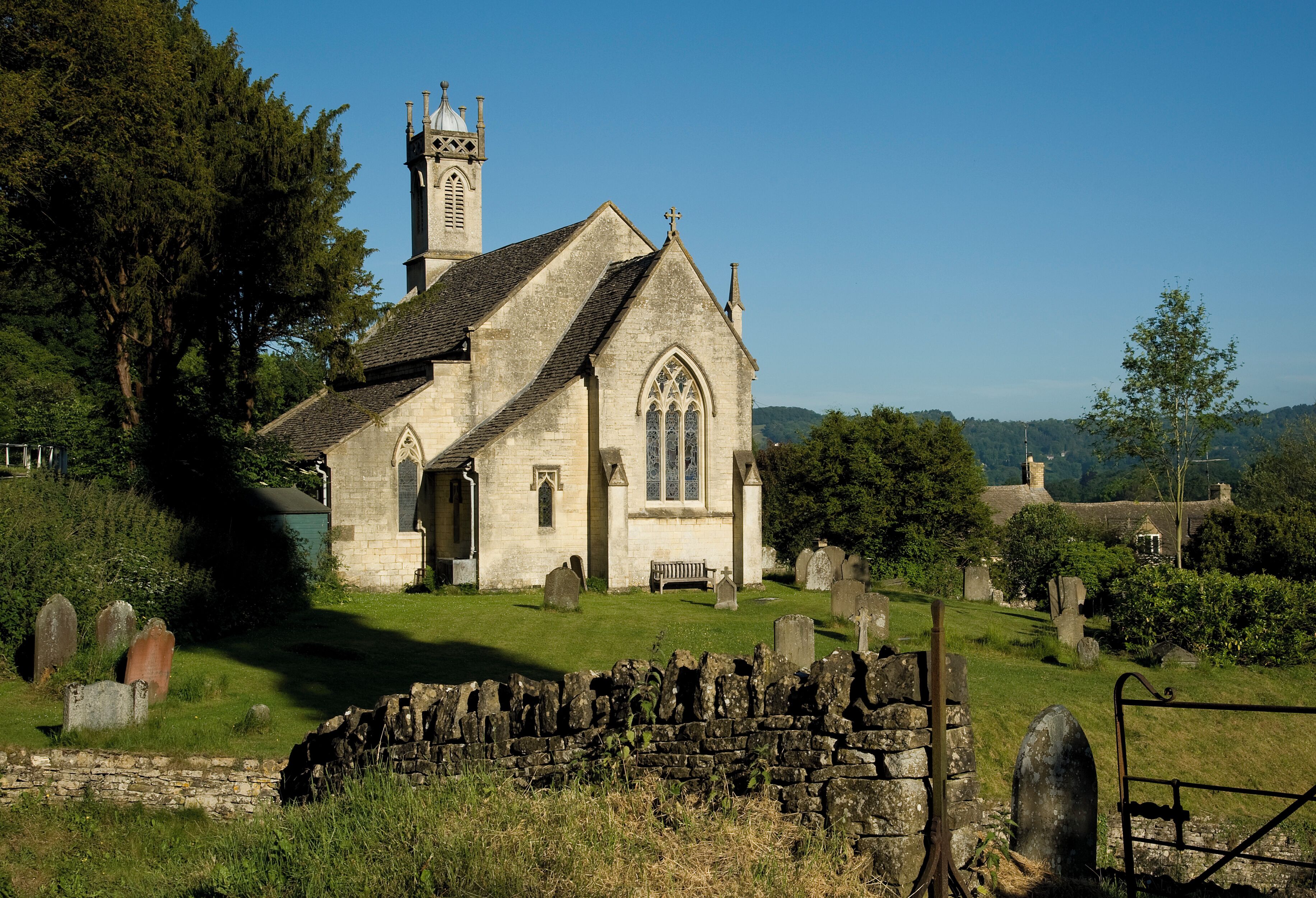 Saint John the Apostle Church in Sheepscombe, England (Cotswolds). The church was built in 1820. The first record of the village of Sheepscombe dates from 1260.