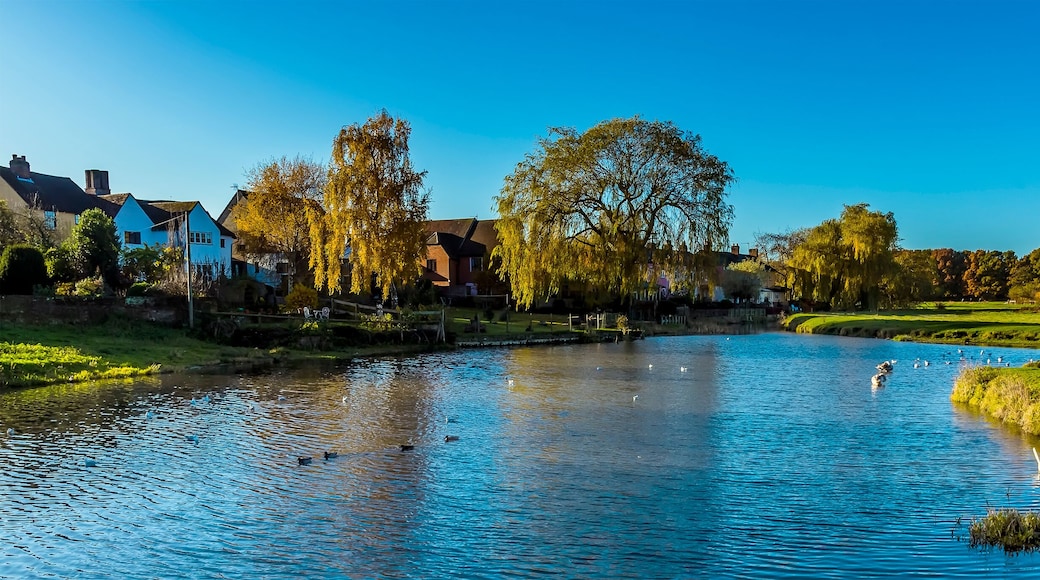 The River Stour winds past houses on the edge of Sudbury, Suffolk on a sunny autumn day