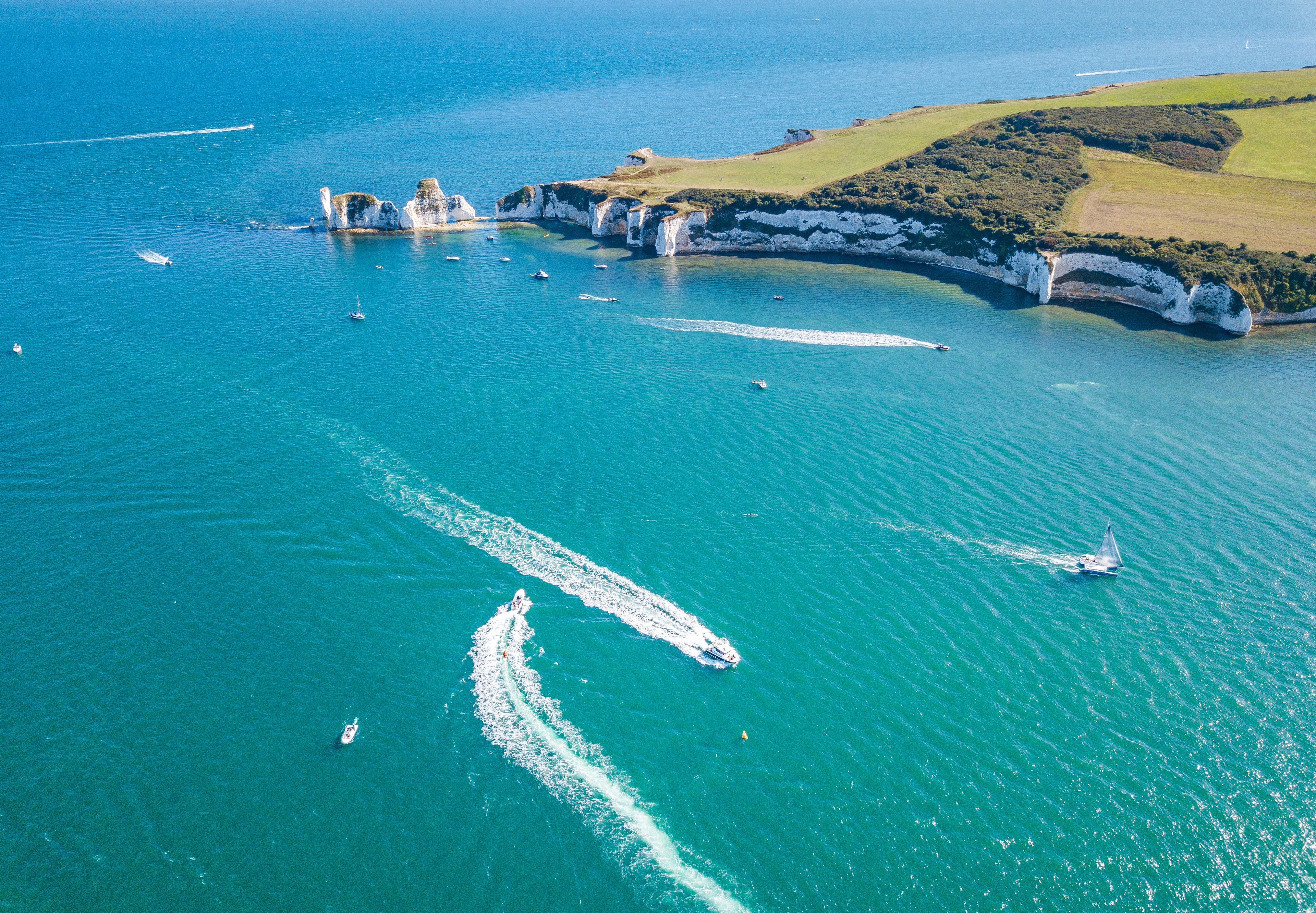 Aerial view of Old Harry Rocks Cliffs, Swanage, Studland, Dorset, UK