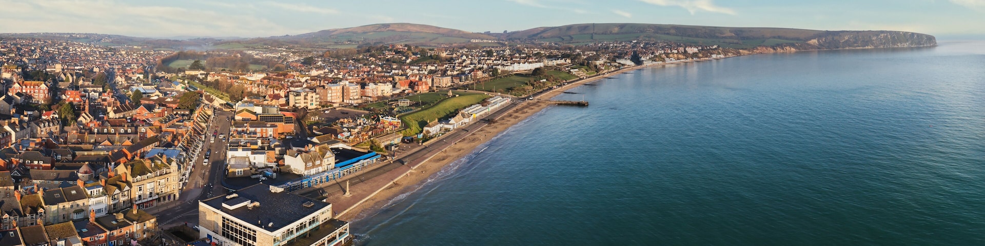 Aerial Panorama of Swanage Bay and Town on the Jurassic Coast, Dorset, UK
