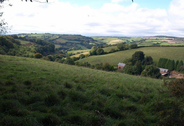 Waldridge Farm. The farm buildings, on the right, lie on Spears Lane, which drops down a combe from Waldridge Cross to Exmoor Gate where it meets the Tone valley. View from 1520999.