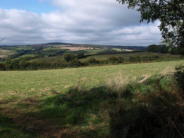 Field beside Summer Cleave Lane. Looking northwest from a gateway on 1521031, with the valley containing 1521025 invisible between the hedge and the fields beyond. Withycombe Farm, right of centre in the distance on the far side of the Tone valley, is in ST0527.