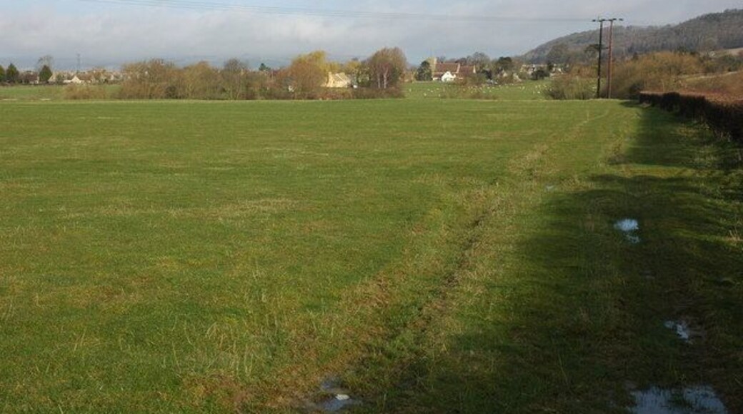 Alderton Church viewed from the south Alderton church viewed across fields from the B4077 to the south. A footpath follows to the left of the hedgerow.
