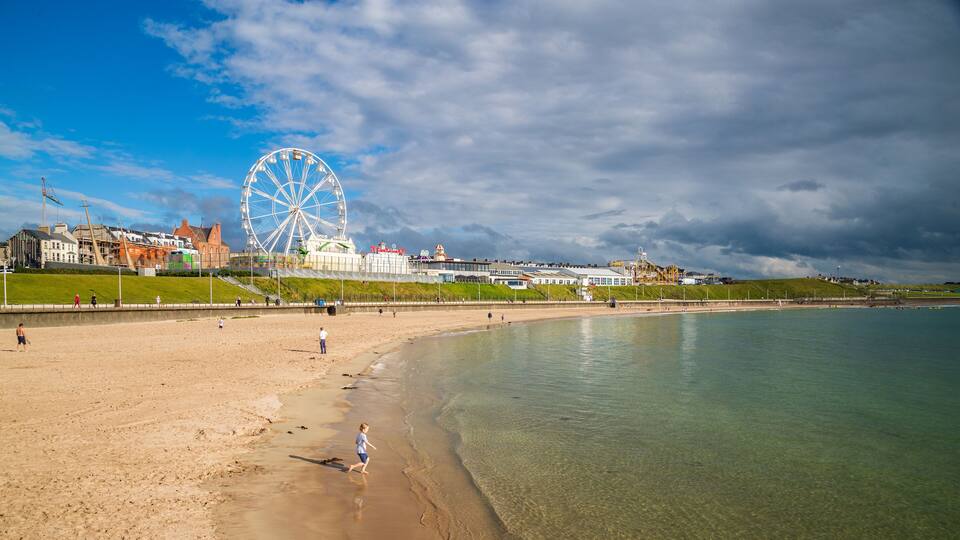 A beach with a large Ferris wheel in the background.