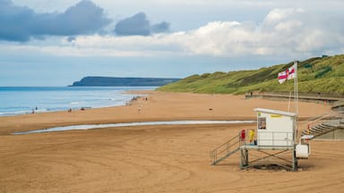A sandy beach with a lifeguard tower, grassy dunes, and a distant cliff.