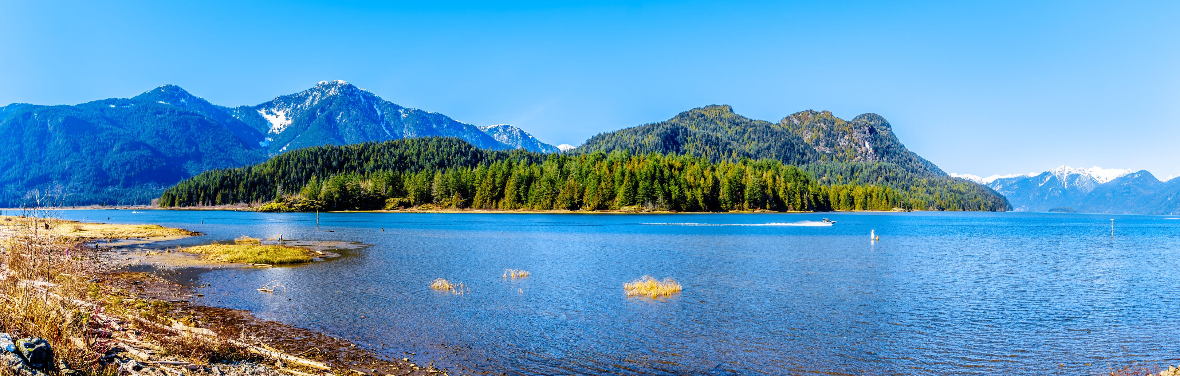 Panorama with a Fishing Boat on Pitt Lake with the Snow Capped Peaks of the Golden Ears, Tingle Peak and other Mountain Peaks of the Coast Mountains of British Columbia, Canada