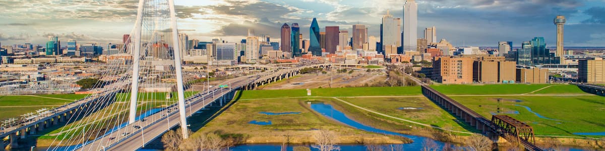 A city skyline with a prominent bridge, a river, and a park with a pedestrian path.