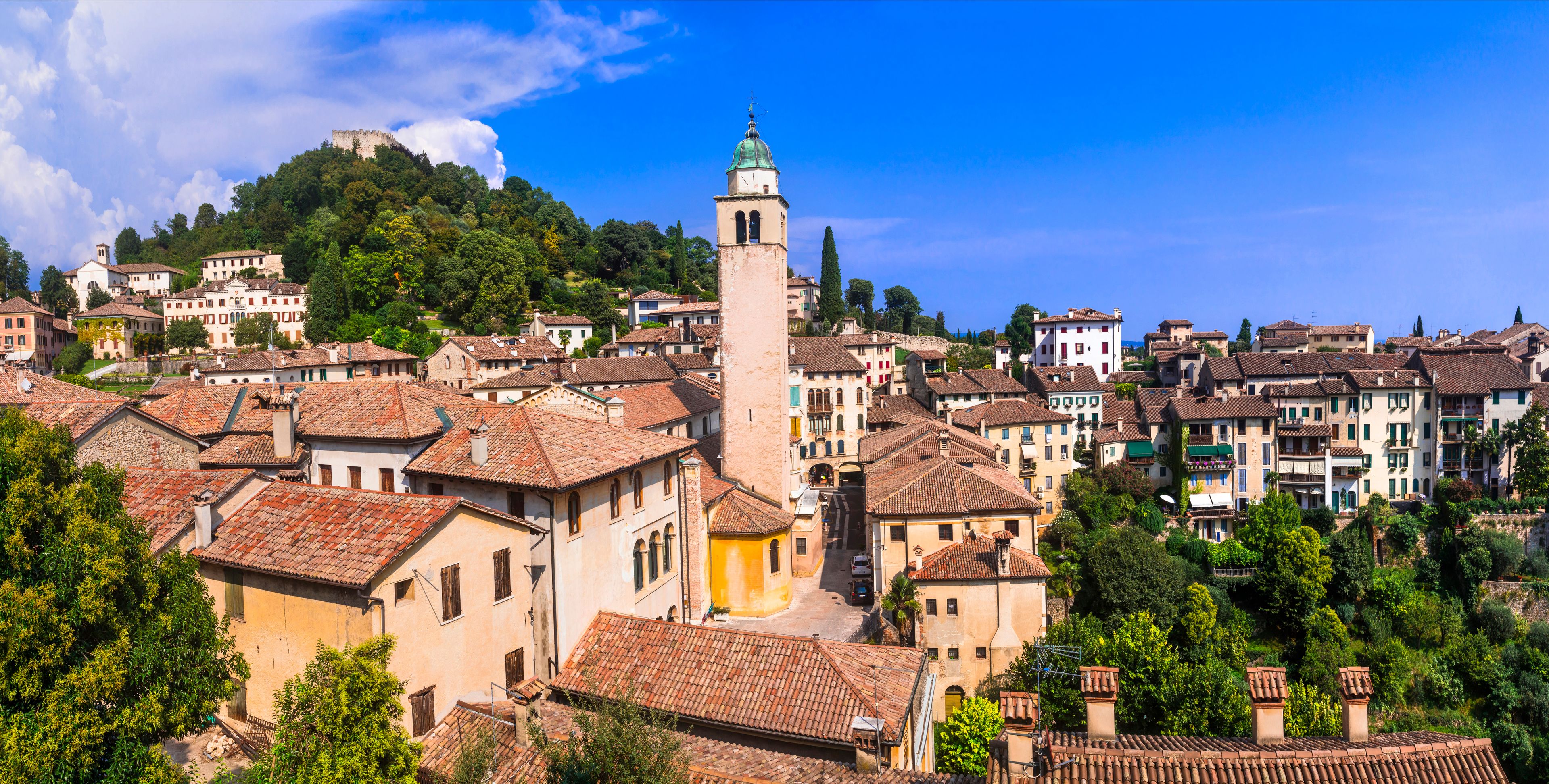 Panoramic View of Asolo Medieval Village — One of the Most Beautiful Borgo in Veneto Region, Treviso Hills, Northern Italy. Historic Architecture, Venetian Fortress and Scenic Landscapes
