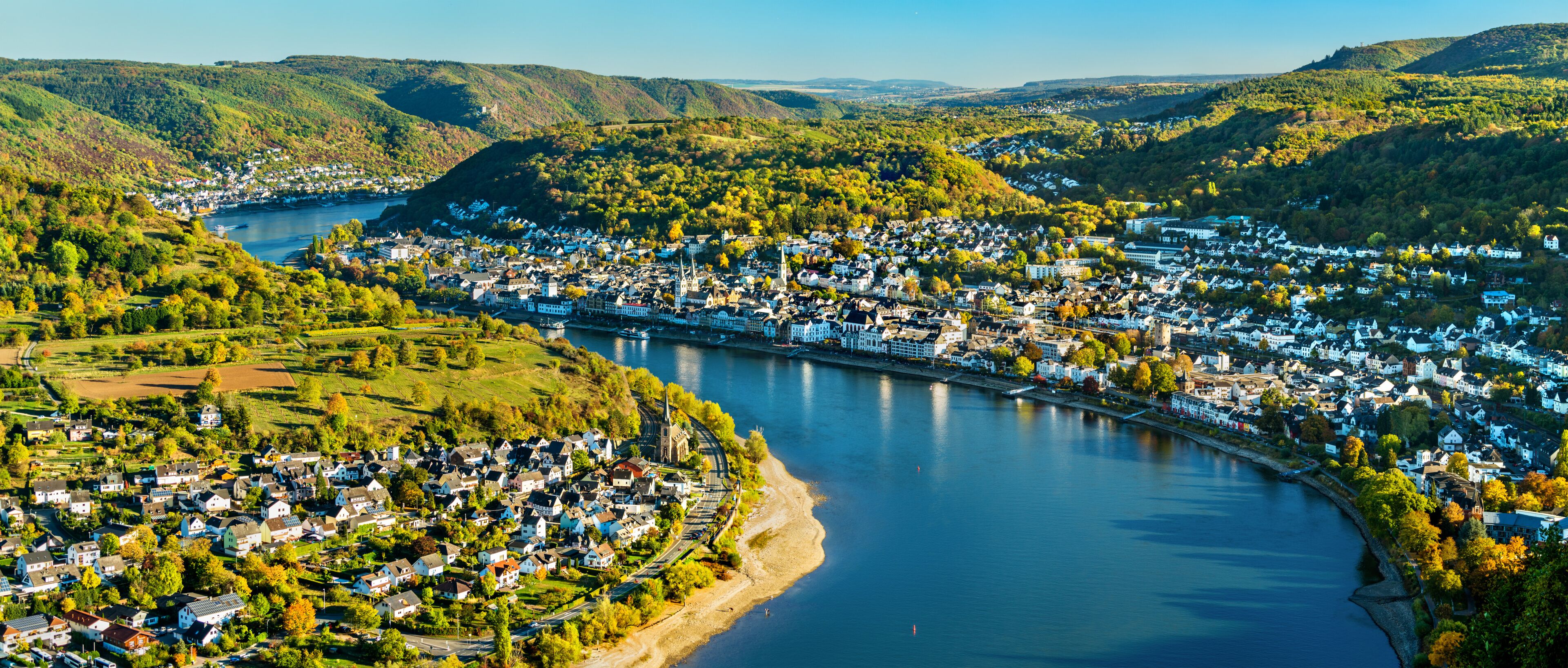 Aerial view of Filsen and Boppard towns with the Rhine in Germany