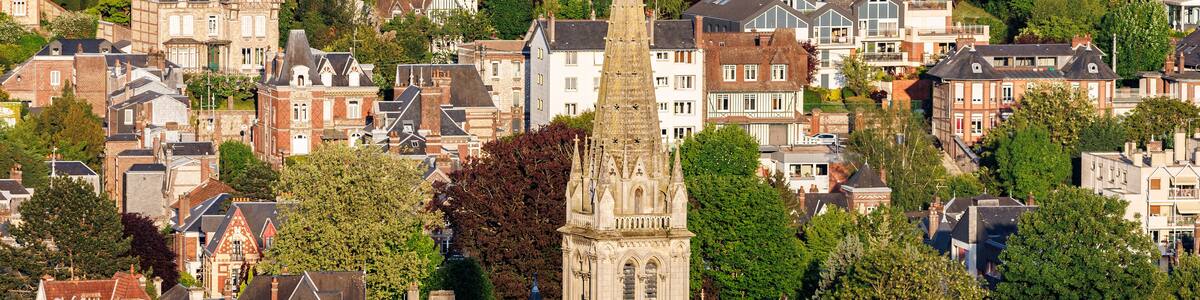 Aerial view of Saint Andre church, in Mont-Saint-Aignan, next to Rouen, Normandy, France