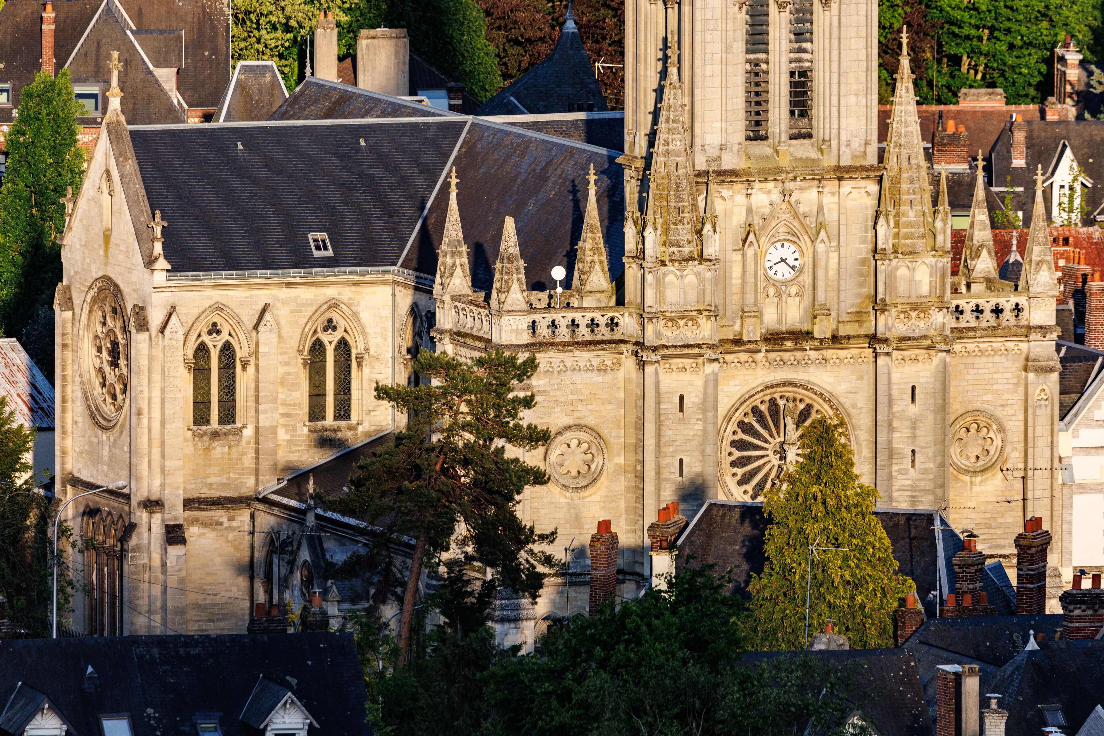 Aerial view of Saint Andre church, in Mont-Saint-Aignan, next to Rouen, Normandy, France