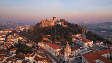 Leiria town at sunrise from a drone, Portugal