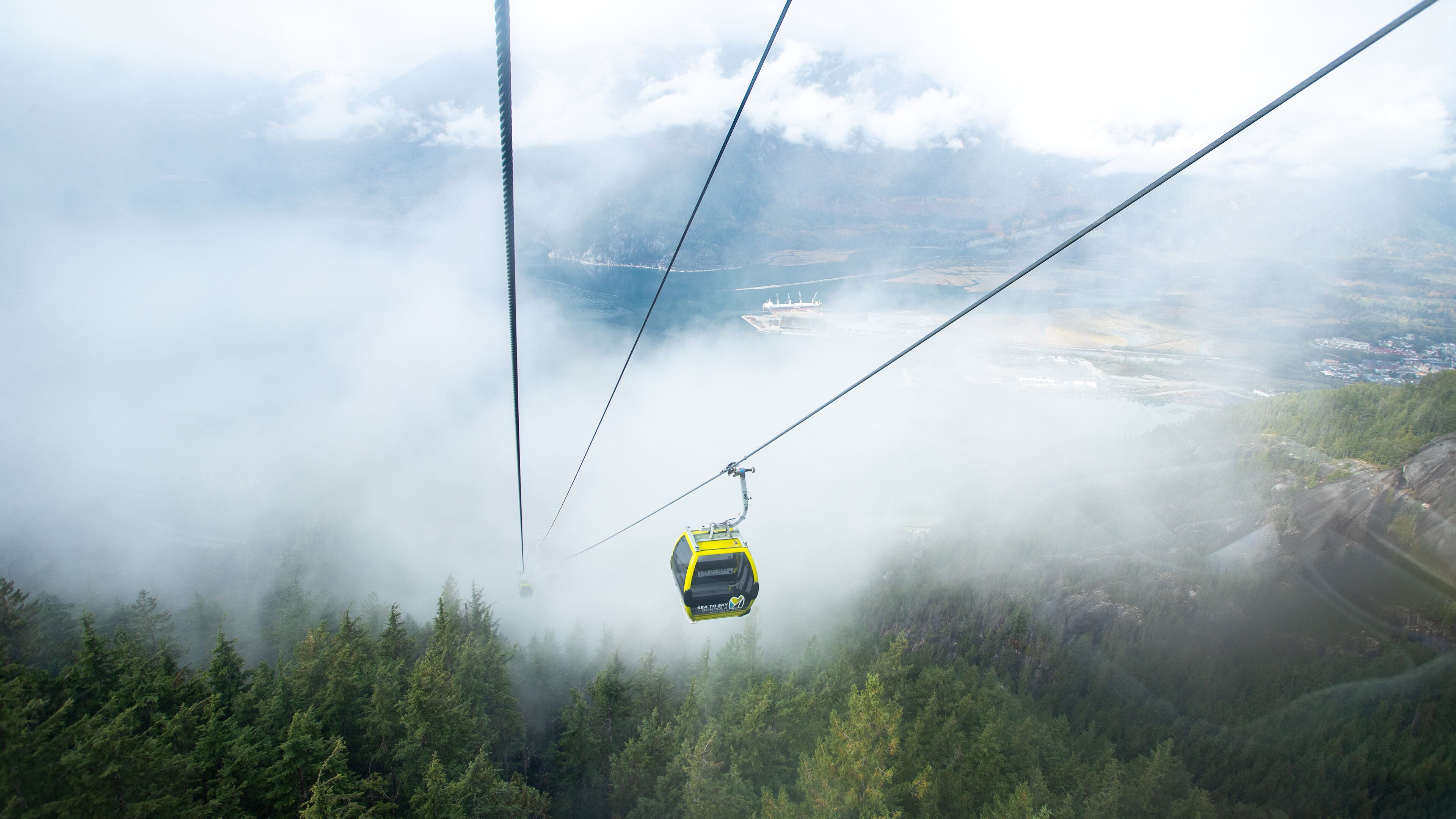 A cable car suspended above a forested mountain area with mist and clouds below.