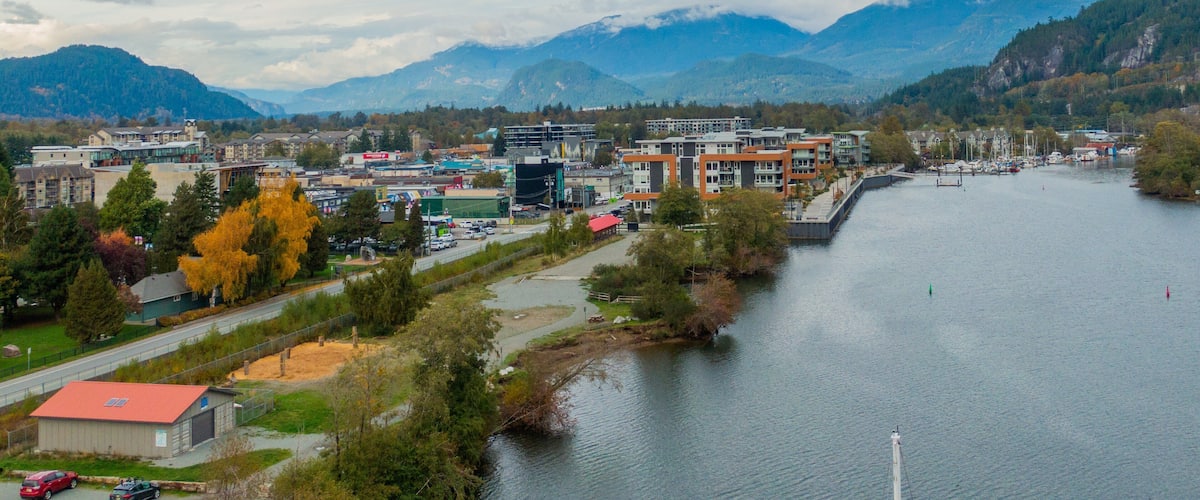 A riverside town with buildings, a dock, and mountains in the background.
