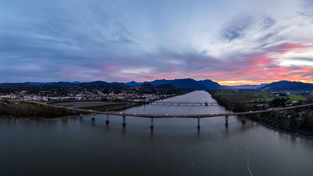 Aerial View of Fraser River at Sunset in Mission, BC