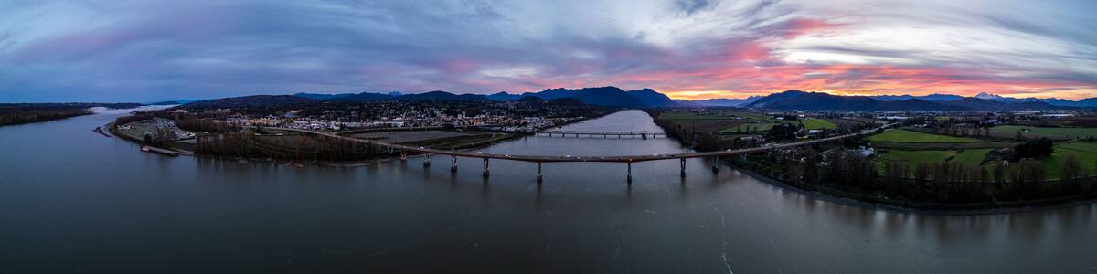 Aerial View of Fraser River at Sunset in Mission, BC
