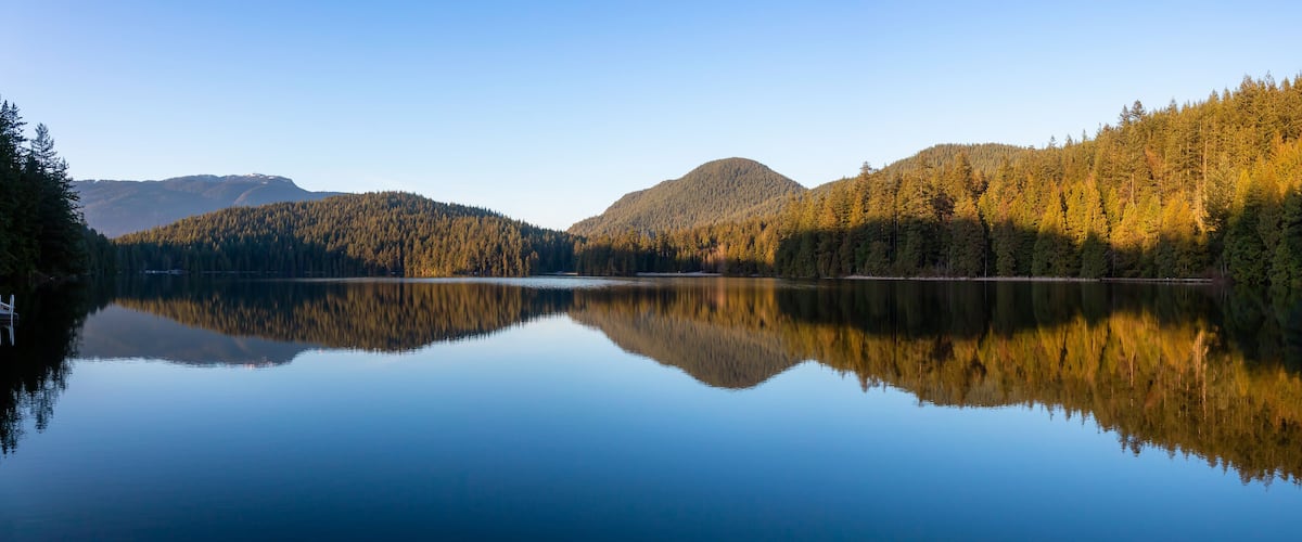 A calm lake with reflections of trees and mountains.