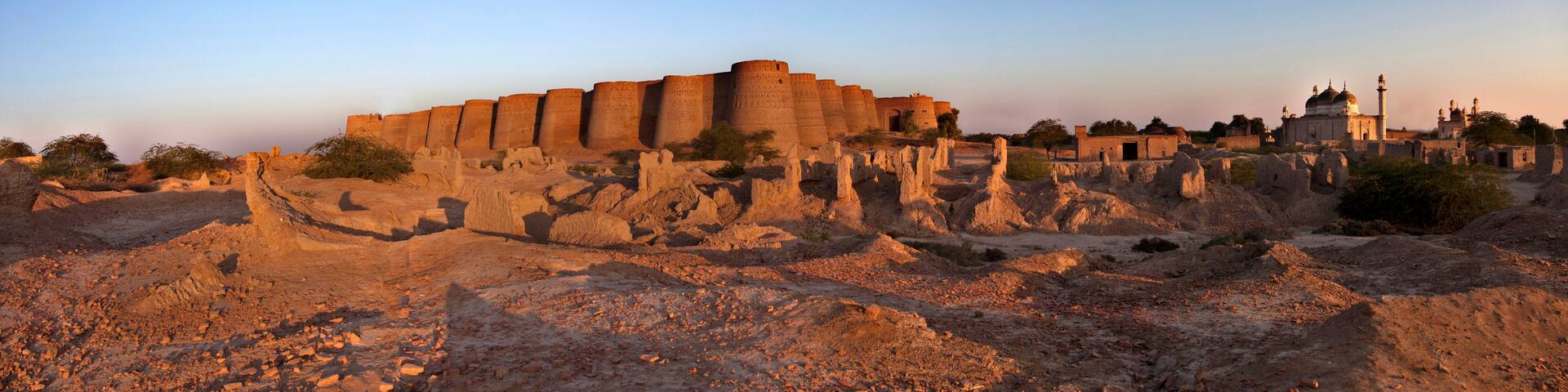 derawar fort and abbasi masjid with royal graveyard in rohi desert of cholistan ,bahawalpur, punjab , pakistan