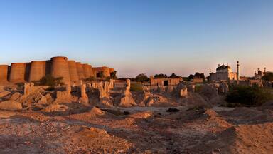 derawar fort and abbasi masjid with royal graveyard in rohi desert of cholistan ,bahawalpur, punjab , pakistan