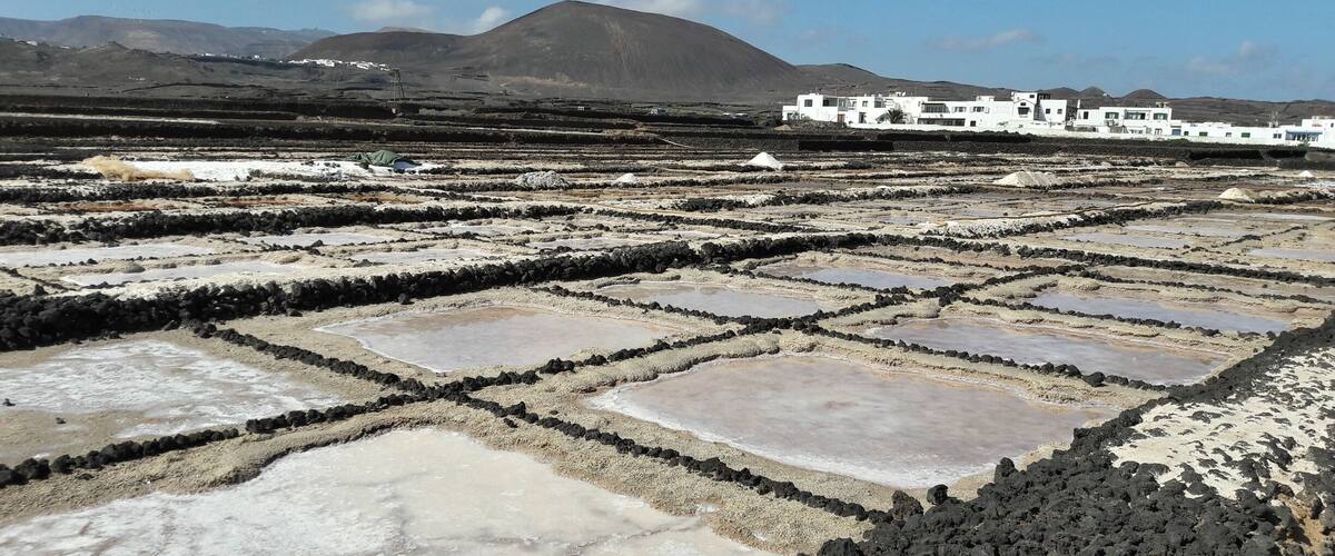 Terraced salt flats with white buildings in the background.