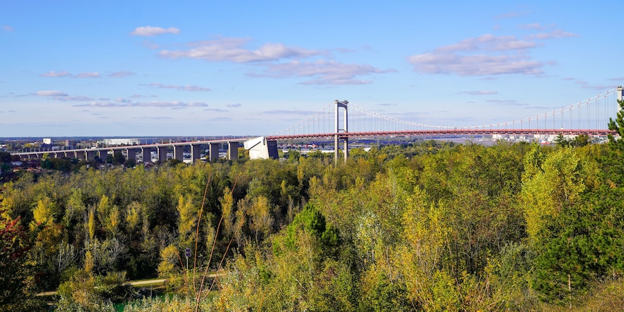 Bordeaux panoramic view from lormont city with river bridge pont d'Aquitaine France