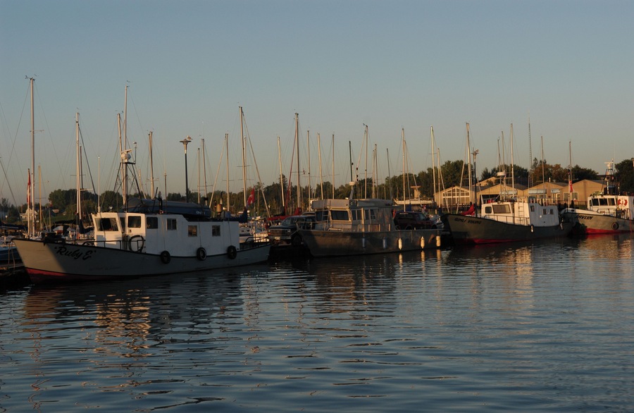 Boats docked at a harbor in Gimli, Manitoba, Canada