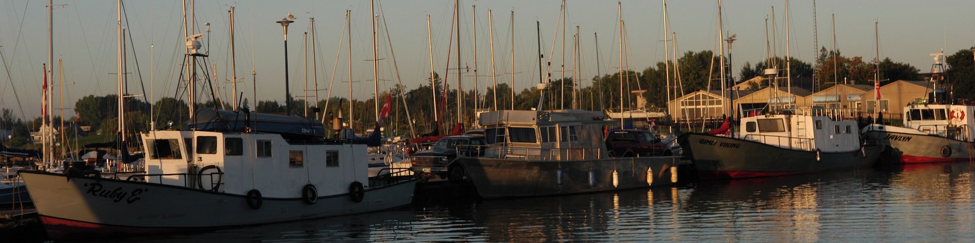 Boats docked at a harbor in Gimli, Manitoba, Canada