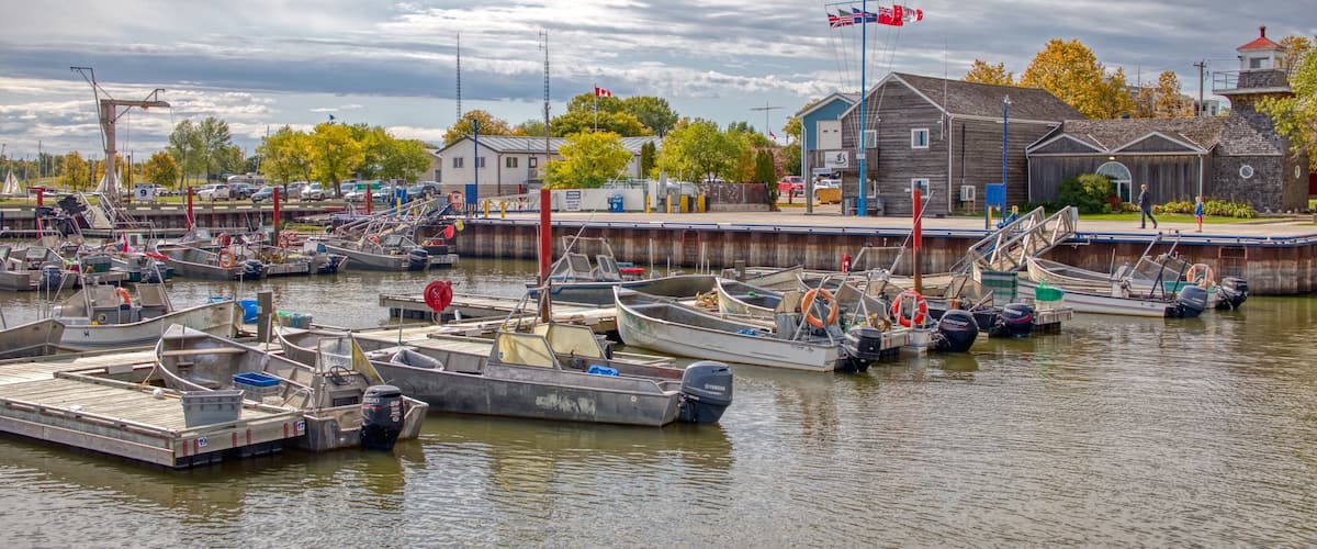 A marina with multiple boats docked, a lighthouse, and a small town with buildings and trees.