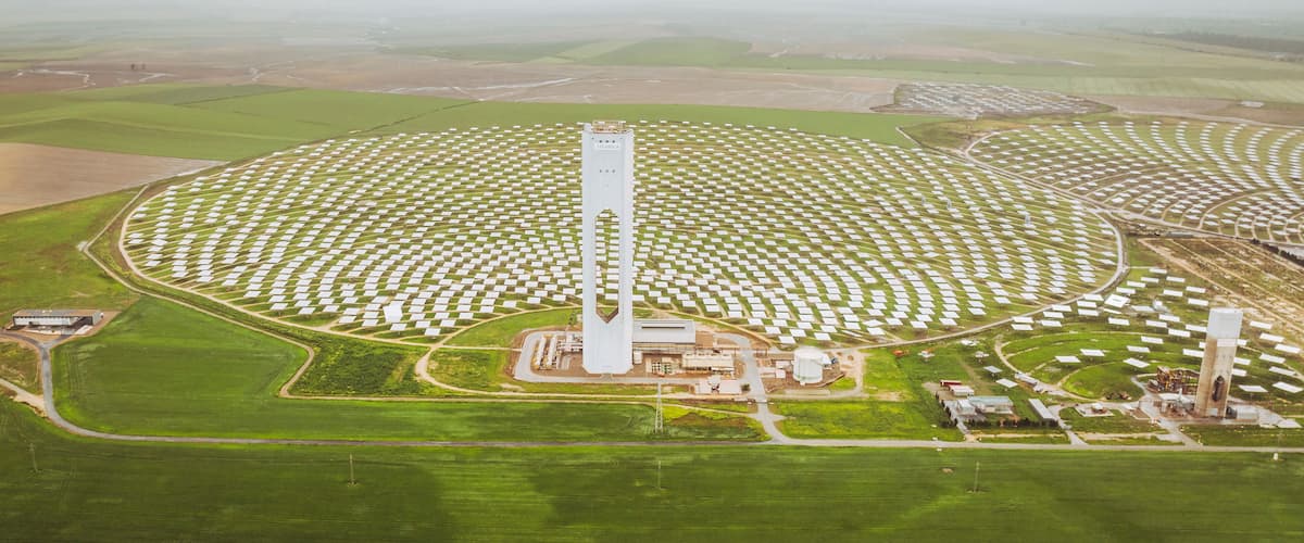 Aerial view of Solar Power Plant PS20 with Tower and Solar Panels, Sanlucar la Mayor, Spain.