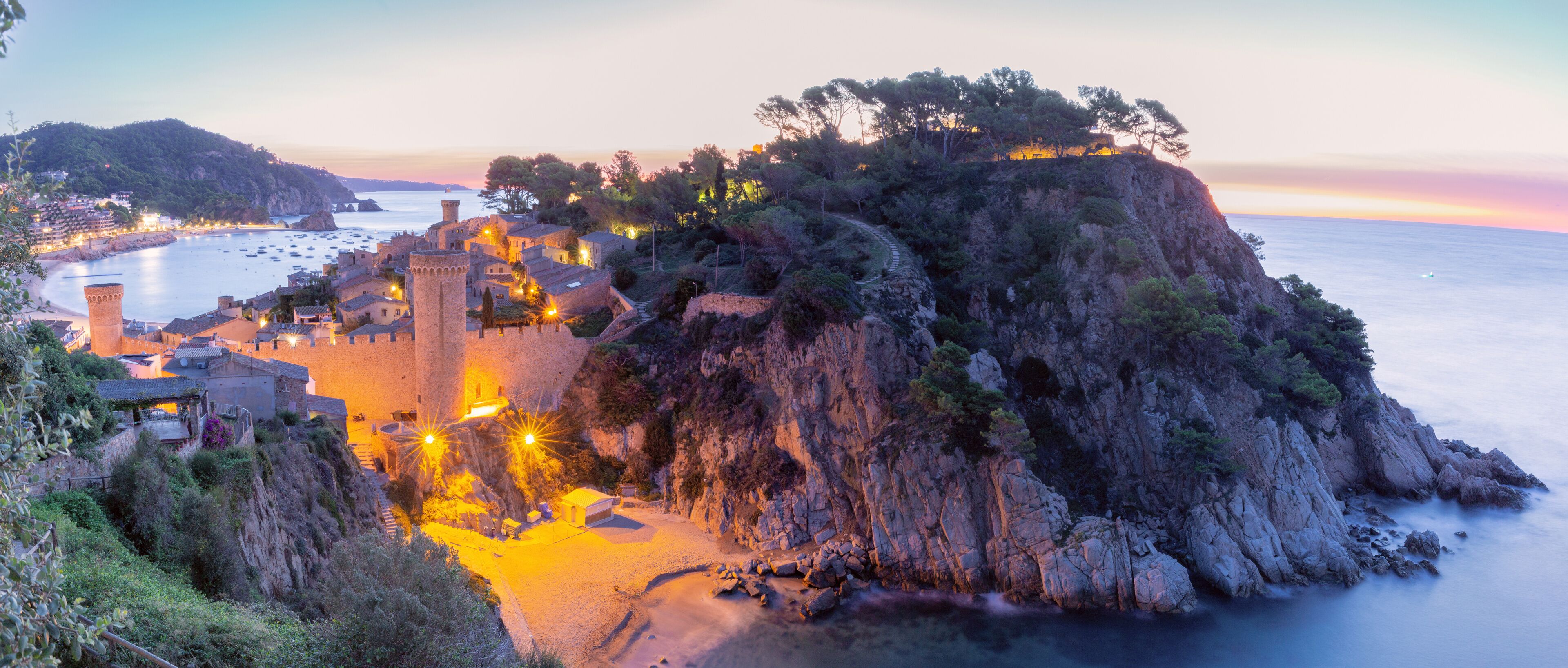 Tossa de Mar medieval fortress at sunrise, Tossa de Mar, Spain