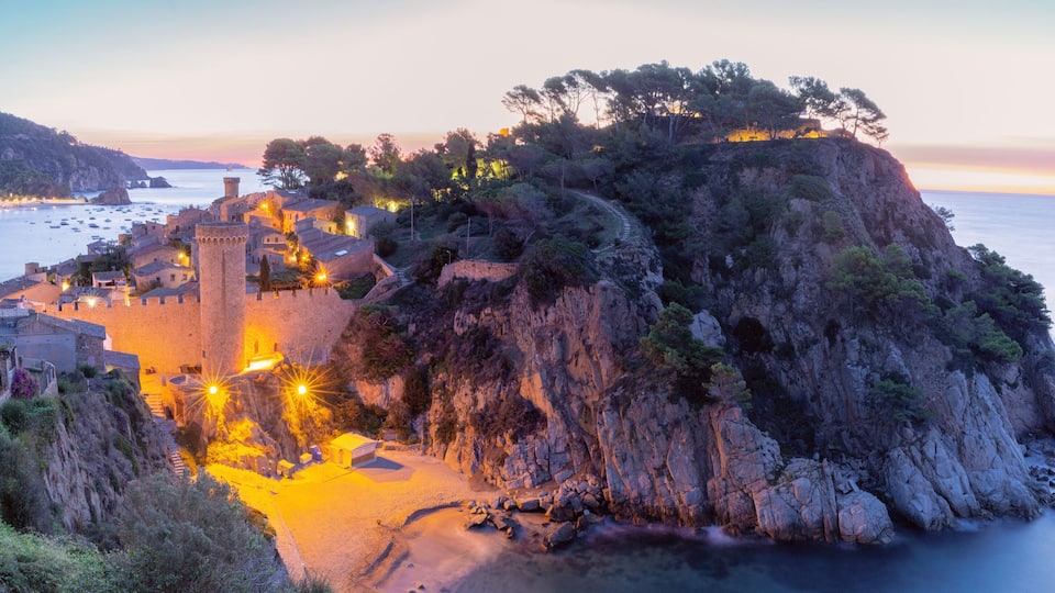 Tossa de Mar medieval fortress at sunrise, Tossa de Mar, Spain