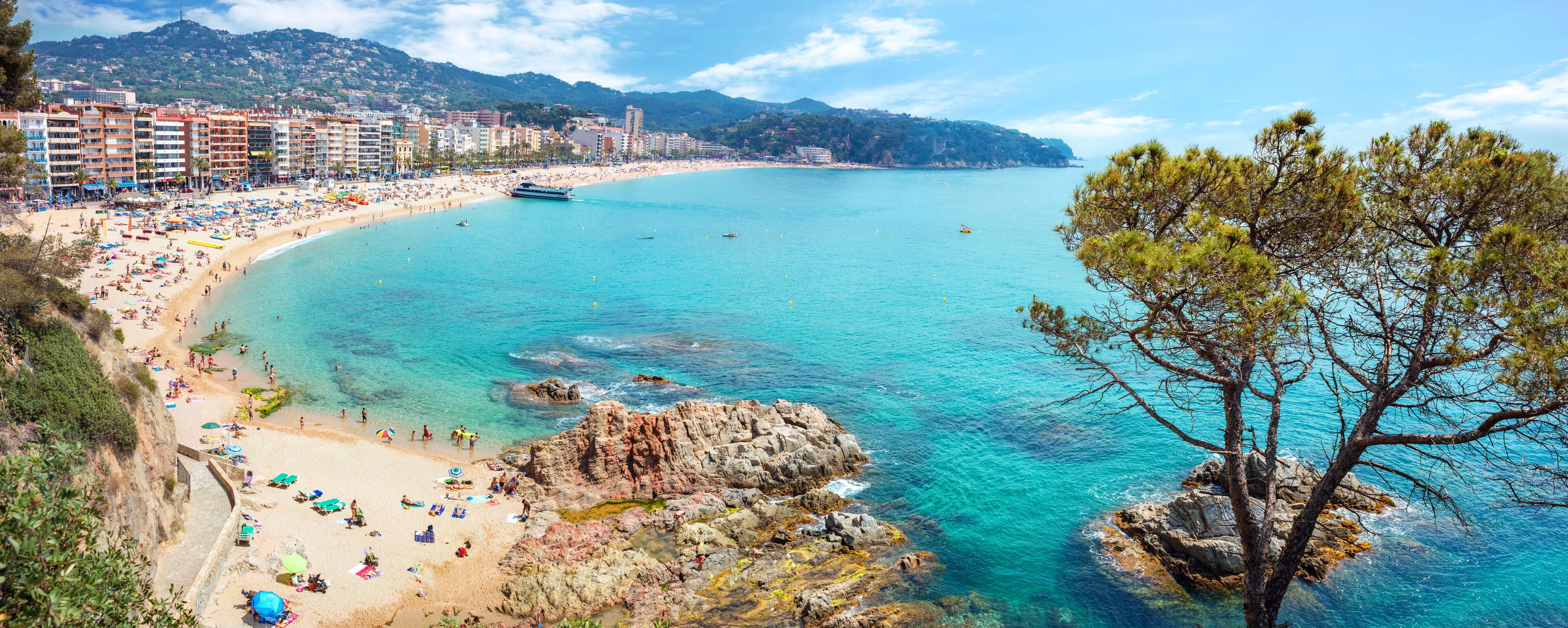A coastal cityscape with a beach, clear blue waters, rocky outcrops, and a tree.
