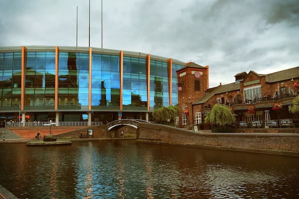View across the canal of Barclaycard arena. Taken from the National Sea Life Centre in Birmingham.