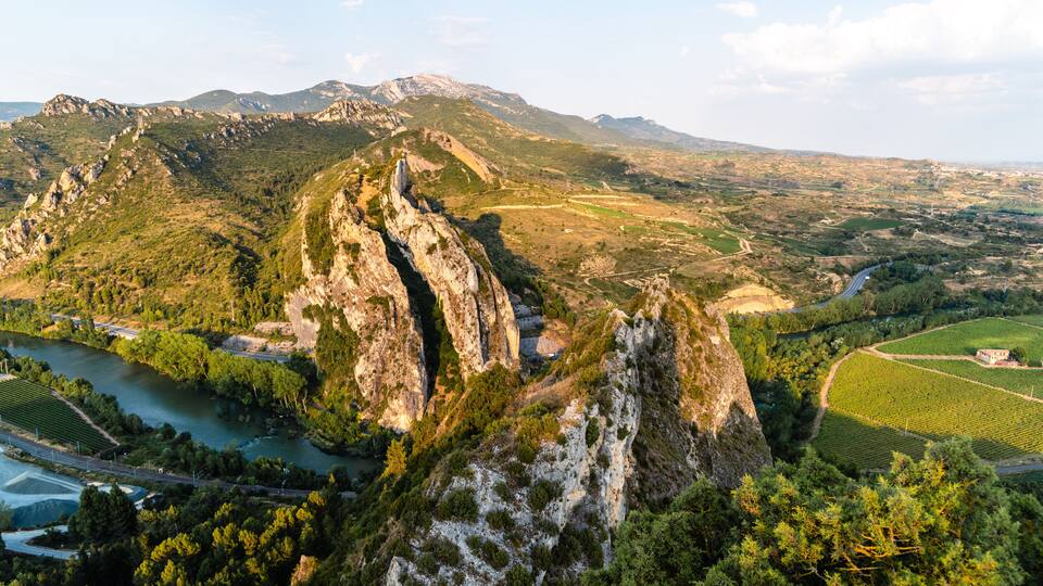 Gorge of Conchas de Haro in La Rioja, Spain. Mountain formations and the Ebro river seen from the San Felices Hermitage