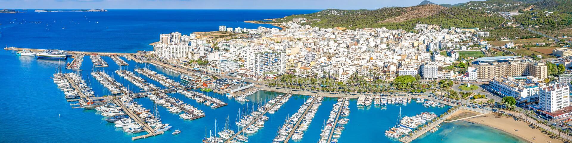Aerial view of Sant Antoni de Portmany, Ibiza islands, Spain